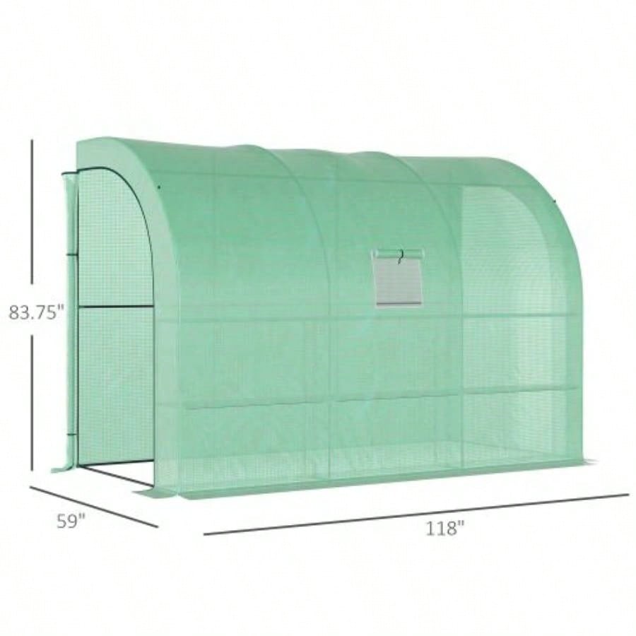 10x 5x Lean to Greenhouse, Walk - In Green House, Plant Nursery with 2 Roll - up Doors and, PE Cover and 3 Wire Shelves, Green