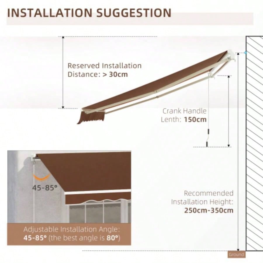 Outsunny 13x 8 Retractable Awning, Patio Awnings, Sunshade Shelter/ Manual Crank Handle, - Resistant Fabric and Aluminum Frame Deck, Balcony, Yard, Coffee Brown