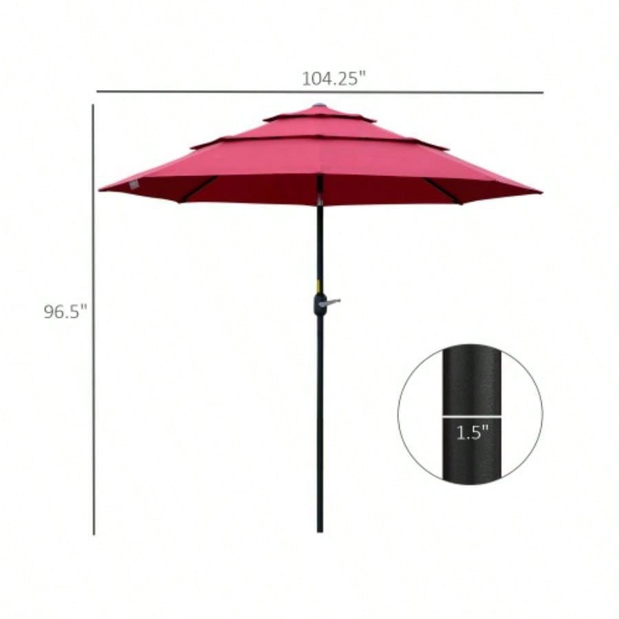 Outsunny 9FT 3 Tiers Patio Outdoor Market with Crank, Push Button Tilt Deck, Backyard and Lawn, Wine Red