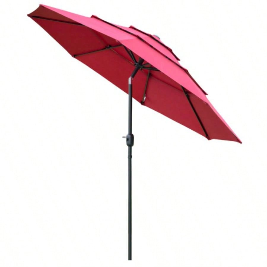 Outsunny 9FT 3 Tiers Patio Outdoor Market with Crank, Push Button Tilt Deck, Backyard and Lawn, Wine Red