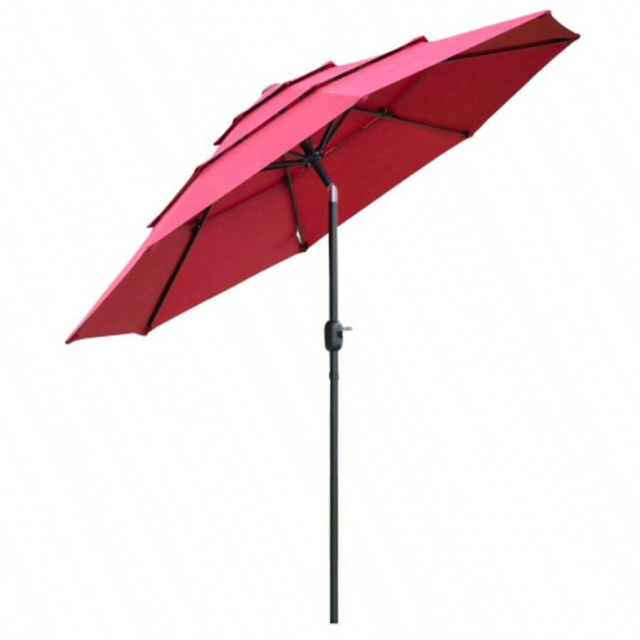 Outsunny 9FT 3 Tiers Patio Outdoor Market with Crank, Push Button Tilt Deck, Backyard and Lawn, Wine Red