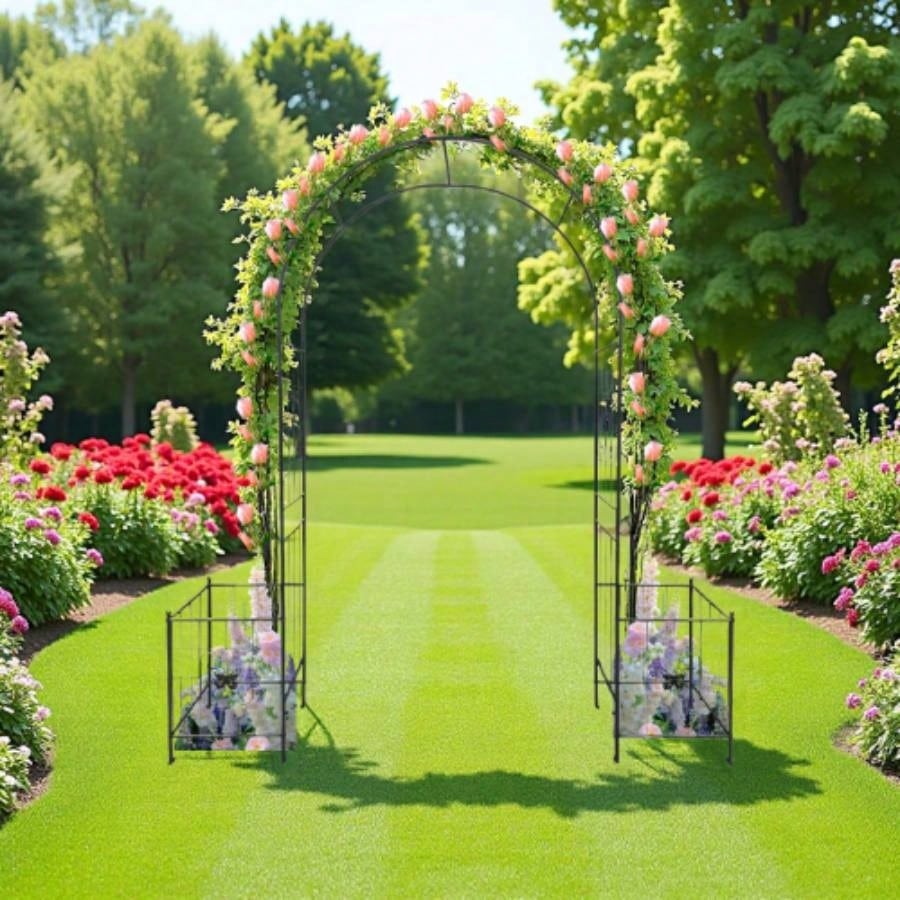 Garden Arch Arbor Trellis Climbing Plants with Gate, Durable Metal Garden Arch Outdoor Wedding Arch, Wedding Ceremony Party Plant Climbing Vines Lawn Courtyard Patio Black, 15ft