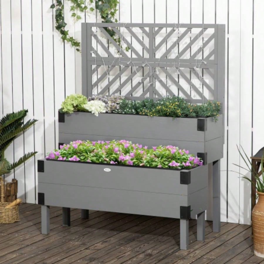 Outsunny Raised Garden Bed with Trellis, 2 Tier Wooden Elevated Planter Box with and Metal Corners, Vegetables, Flowers, Herbs, Gray