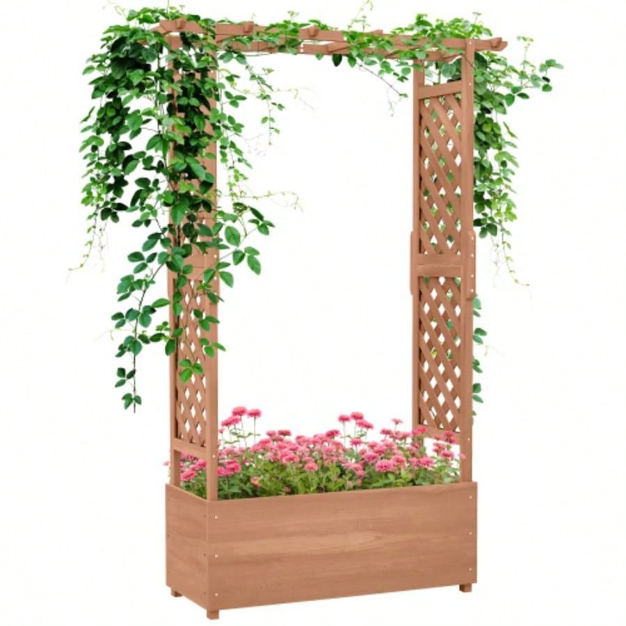 Outsunny Raised Garden Bed with Arch Trellis Vine Climbing Plants, Hanging Flowers, 70.75 Tall Outdoor Wood Planter Box with Drainage Hole Fabric Backyard, Patio, Brown