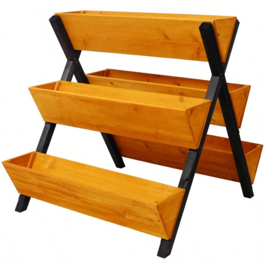 3 - Tiers Raised Garden Bed with Trellis, 53 H Vertical Planter Box with Wheels Back Storage Area, Flowers, Vegetables, Herbs, Natural