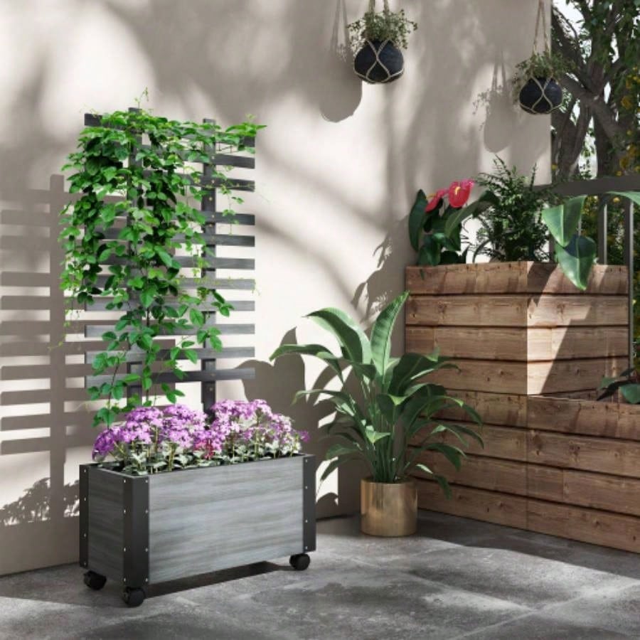 Outsunny Raised Garden Bed with Trellis, 58 Outdoor Wooden Planter Box with Wheels, Vine Plants Flowers Climbing and Planting, Gray