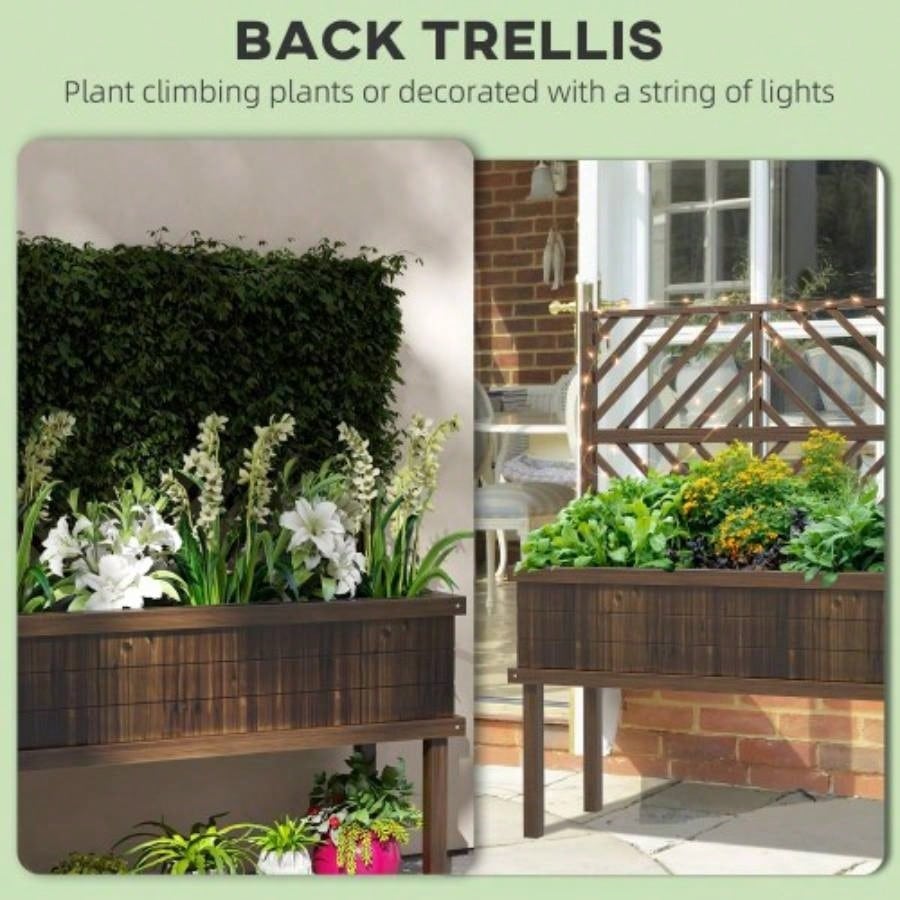 Outsunny Raised Garden Bed with Trellis Climbing Plants, Vegetable, Grape Vines, Wood Planter with, Drainage Holes and Outdoor Garden, Patio, Carbonized