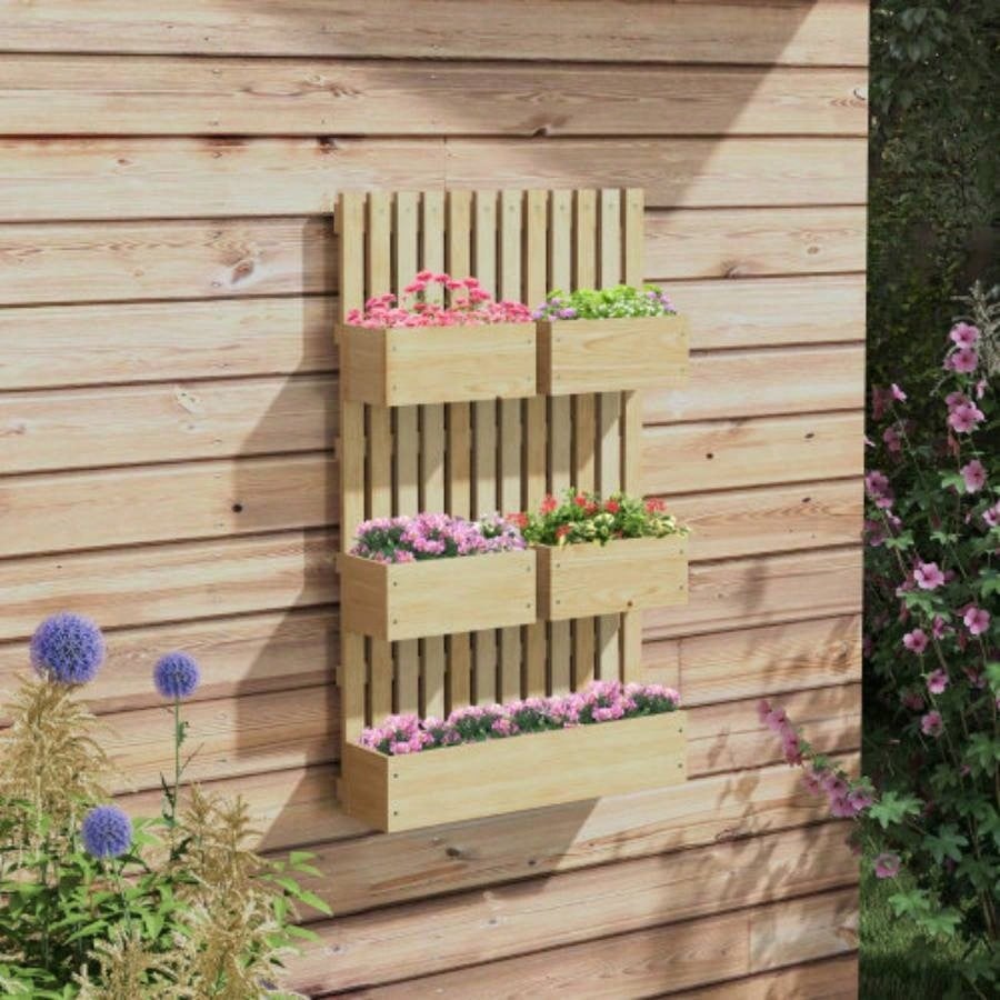 Outsunny 5 Box Raised Garden Bed with Trellis Vine Flowers Climbing Plants, 39 Tall Wall - Mounted Wood Planter Box Set with Adjustable Height, Drainage Hole, Natural