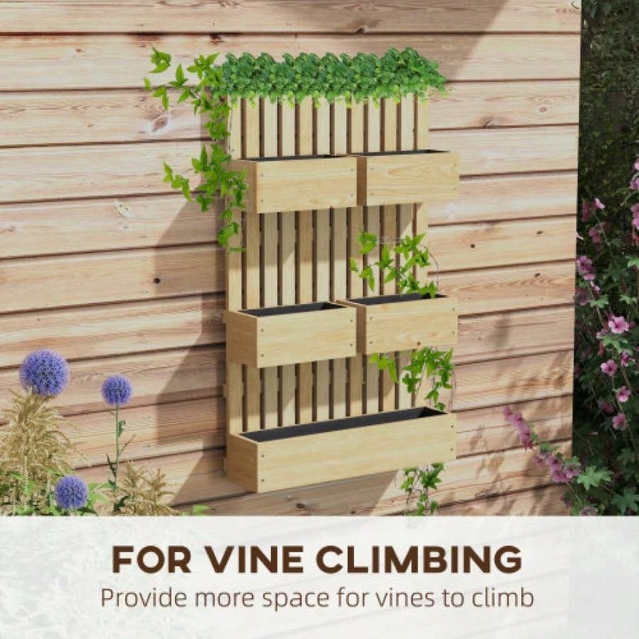Outsunny 5 Box Raised Garden Bed with Trellis Vine Flowers Climbing Plants, 39 Tall Wall - Mounted Wood Planter Box Set with Adjustable Height, Drainage Hole, Natural