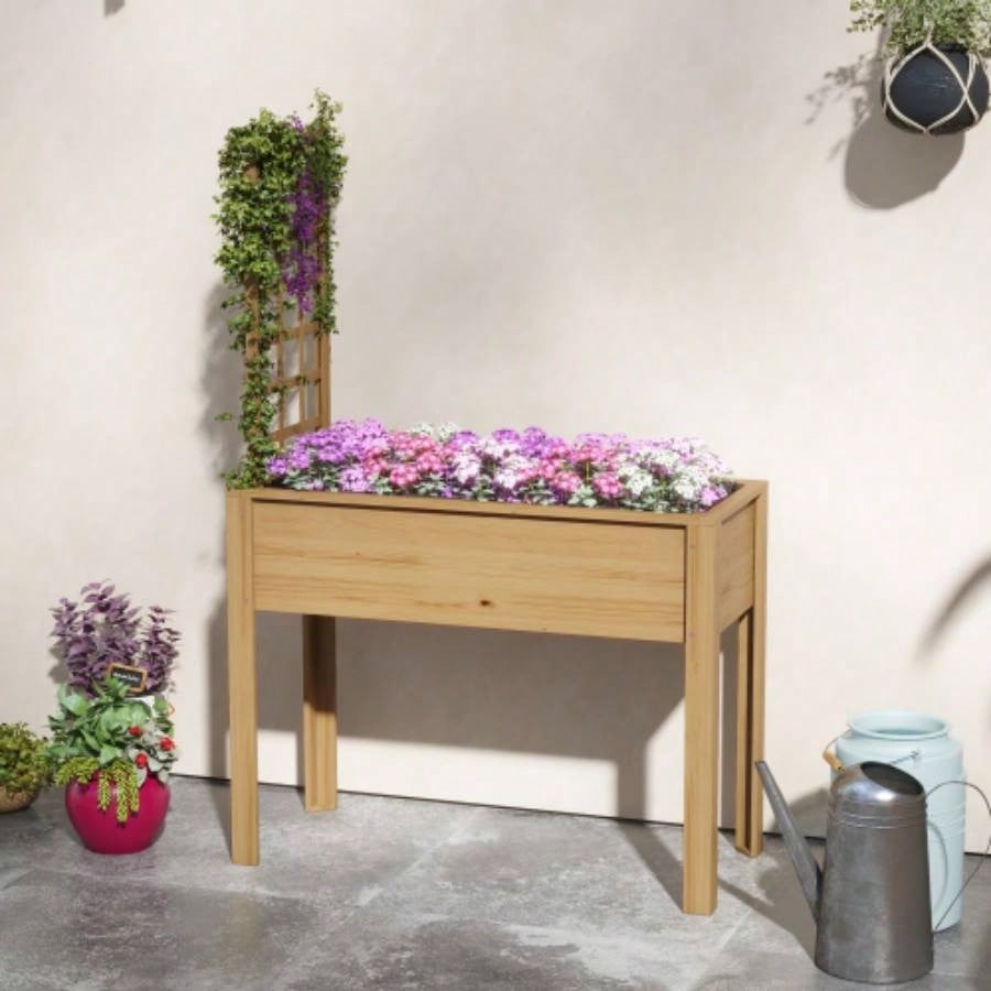Outsunny Raised Garden Bed with Trellis Climbing Plants, Elevated Wood Planter with Drainage Holes, and Vegetable, Flowers, Natural