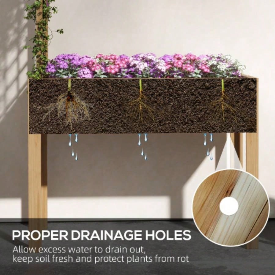 Outsunny Raised Garden Bed with Trellis Climbing Plants, Elevated Wood Planter with Drainage Holes, and Vegetable, Flowers, Natural