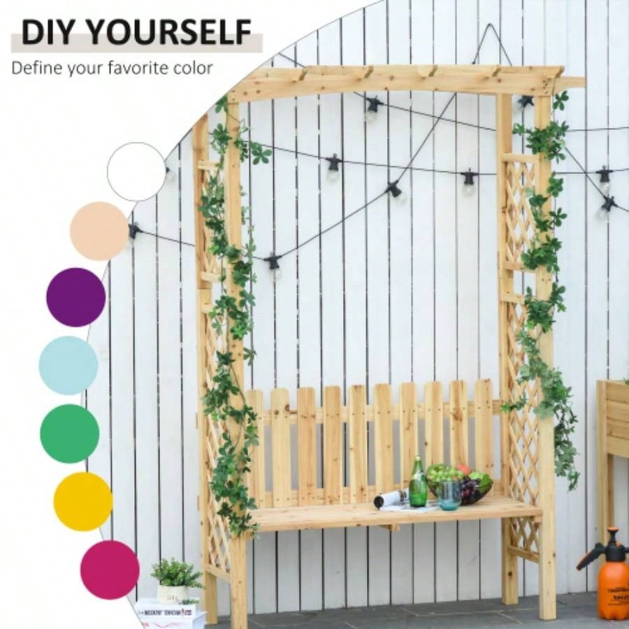 Outsunny Wooden Garden Arbor Climbing Plants with Garden, Garden Arch to Grow Grapes Vines, Patio Decor 2 - Person Outdoor Wood Decorative Seating, Natural