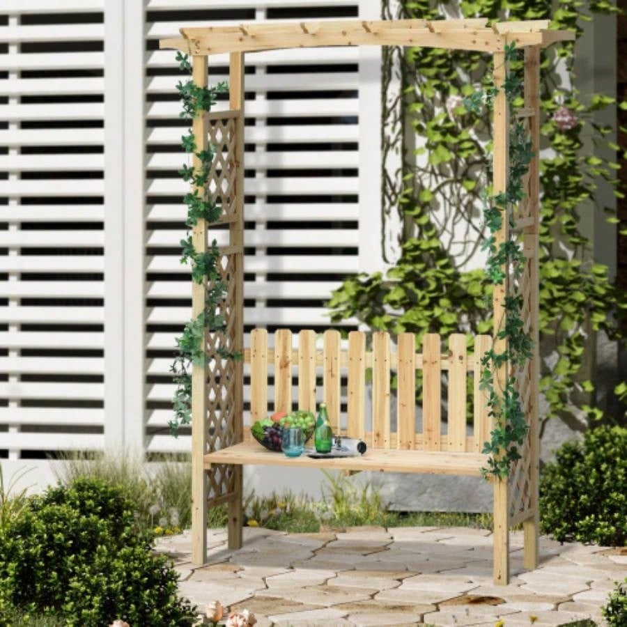 Outsunny Wooden Garden Arbor Climbing Plants with Garden, Garden Arch to Grow Grapes Vines, Patio Decor 2 - Person Outdoor Wood Decorative Seating, Natural