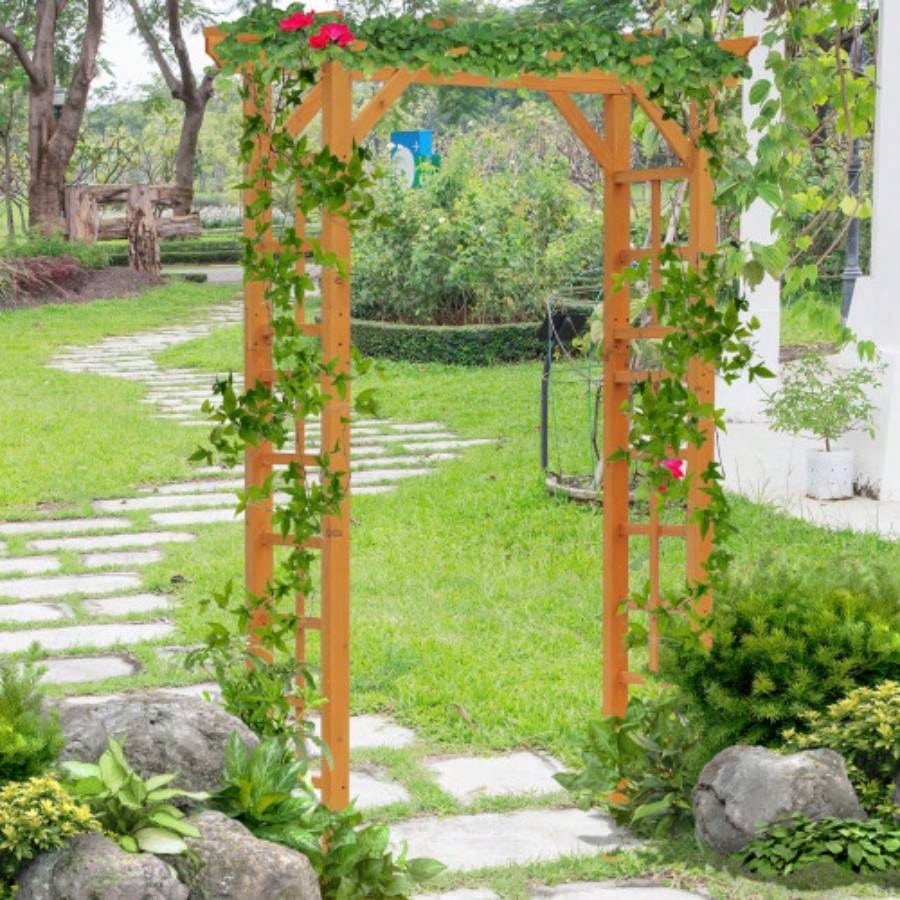 Outsunny 85 Wooden Garden Arbor Wedding and Ceremony, Outdoor Garden Arch Trellis Climbing Vines - Orange