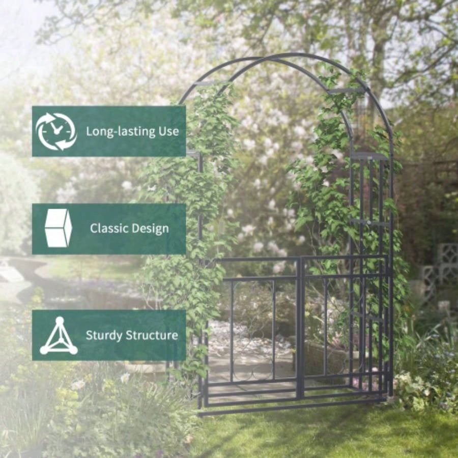 Outsunny 81 Metal Garden Arbor with Double Doors, Locking Gate, Climbing Vine Frame with Heart Motifs, Arch Wedding, Bridal Party Decoration,