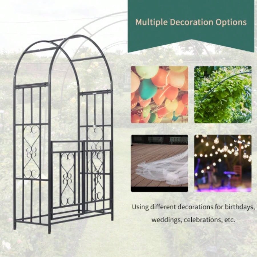 Outsunny 81 Metal Garden Arbor with Double Doors, Locking Gate, Climbing Vine Frame with Heart Motifs, Arch Wedding, Bridal Party Decoration,