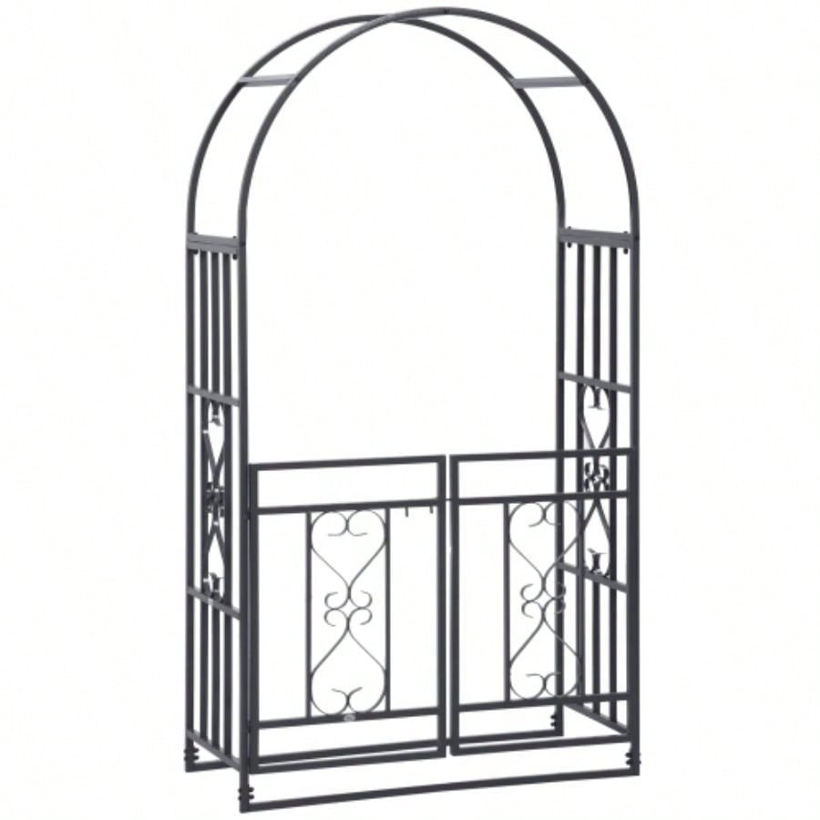 Outsunny 81 Metal Garden Arbor with Double Doors, Locking Gate, Climbing Vine Frame with Heart Motifs, Arch Wedding, Bridal Party Decoration,