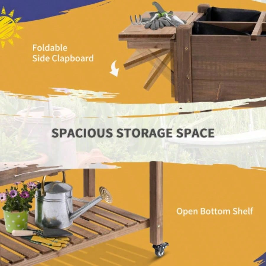 Outsunny Raised Garden Bed with 8 Grow Grids, Wooden Outdoor Plant Box Stand with Folding Side Table and Wheels, 49x 21x 34 Vegetables, Flowers, Herbs, Brown