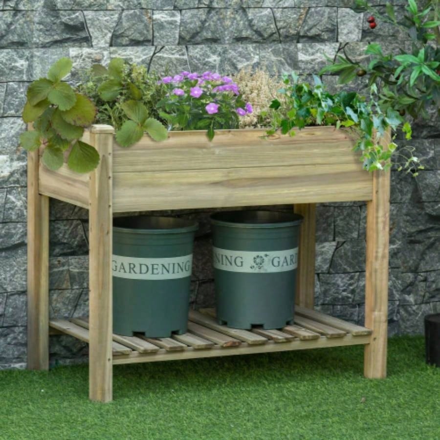 Outsunny 36x 20x 30 Raised Garden Bed, Elevated Wood Planter Box with and Storage Shelf Backyard, Patio, Balcony to Grow Vegetables, Herbs, and Flowers