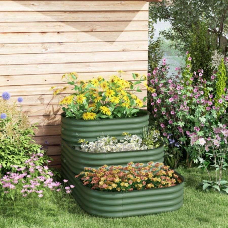 Outsunny 3 - Tier Galvanized Steel Raised Garden Bed Kit, 62.25x 43x 32.25 3 Combining Planter Boxes with Rubber Strip Edging, Open Bottom Backyard, Garden, Patio, Green