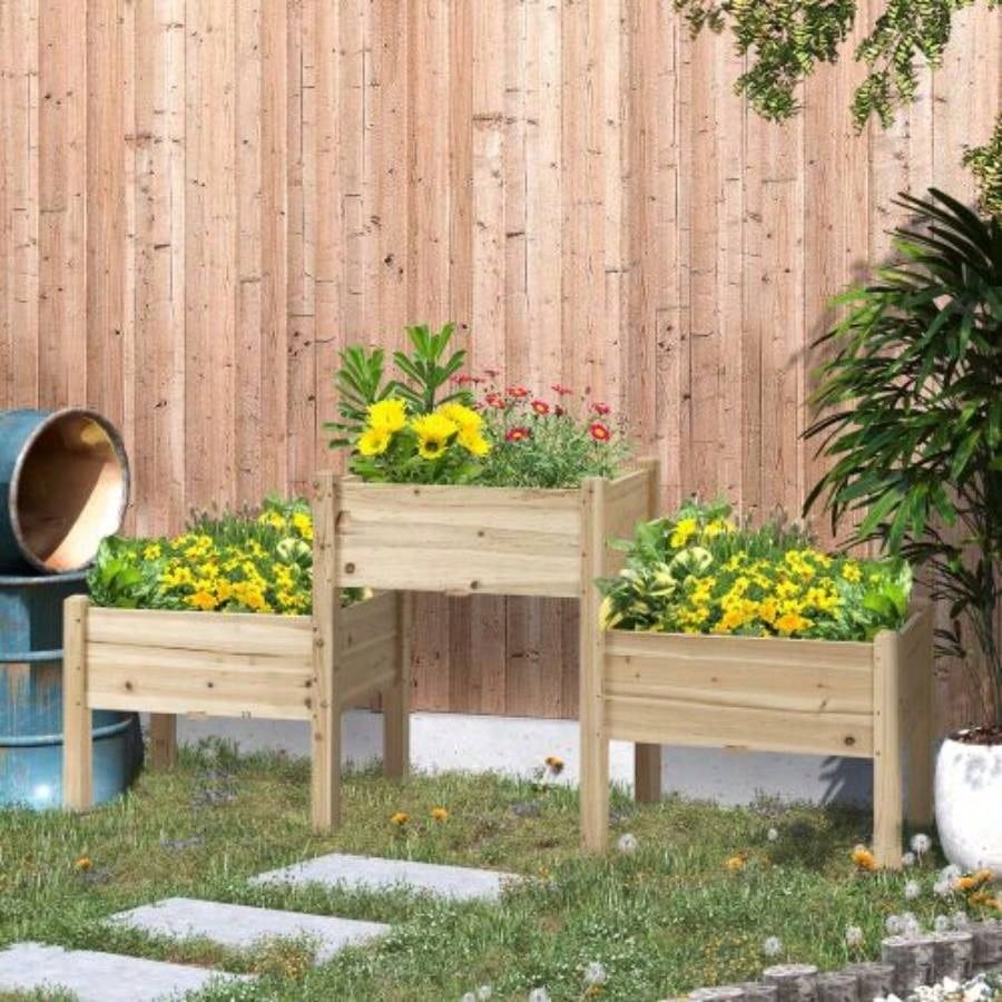 Outsunny Raised Garden Bed with 3 Planter Box, Elevated Wooden Plant Stand with Drainage Holes, Vegetables, Herb and Flowers, Natural