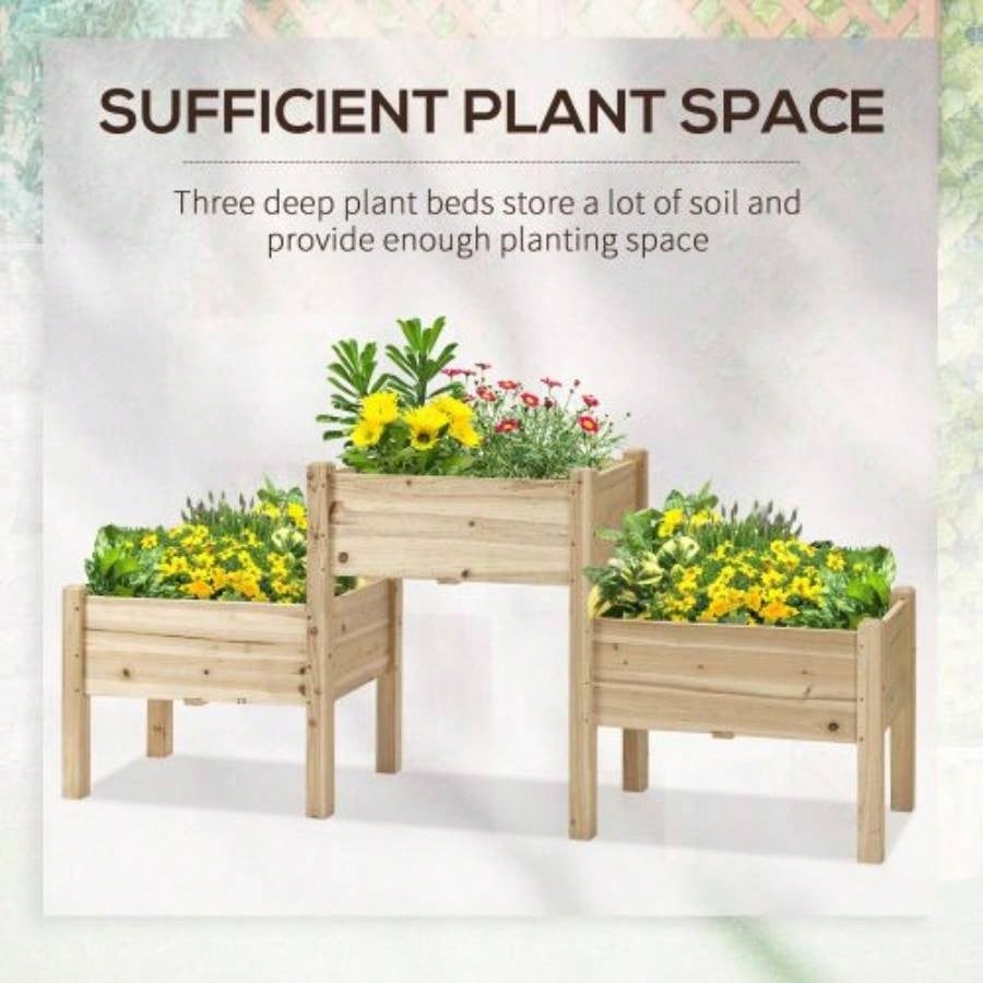Outsunny Raised Garden Bed with 3 Planter Box, Elevated Wooden Plant Stand with Drainage Holes, Vegetables, Herb and Flowers, Natural