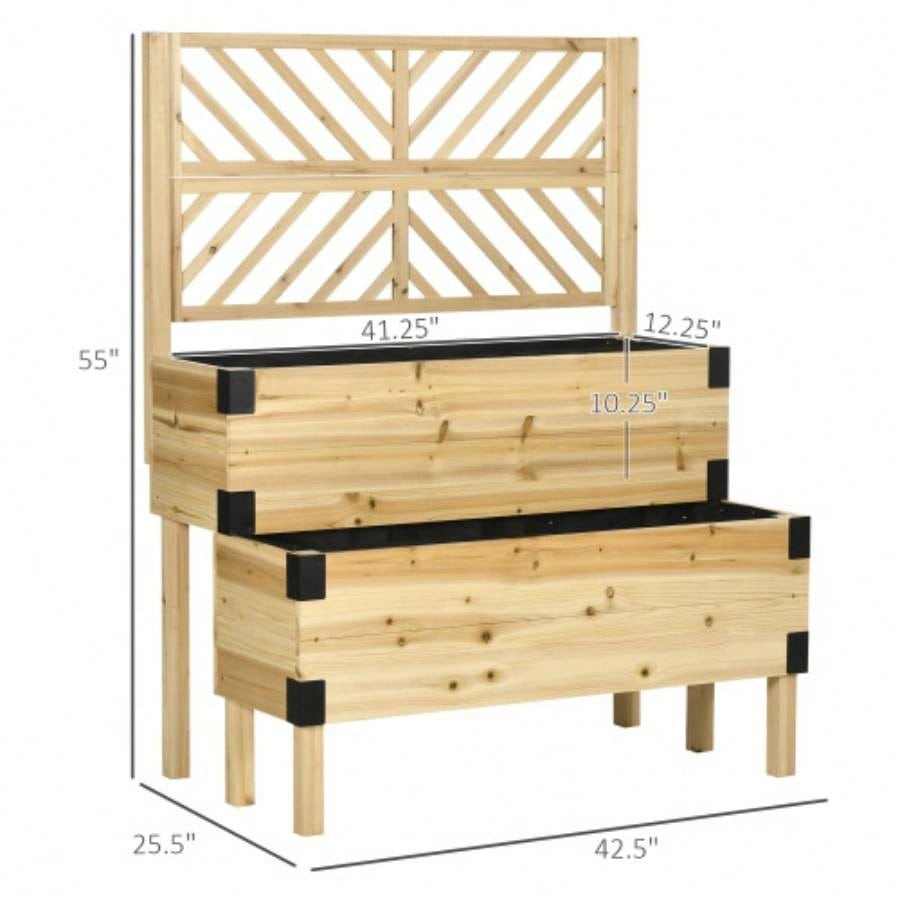 Outsunny Raised Garden Bed with Trellis, 2 Tier Wooden Elevated Planter Box with and Metal Corners Vegetables, Flowers, Herbs, Natural