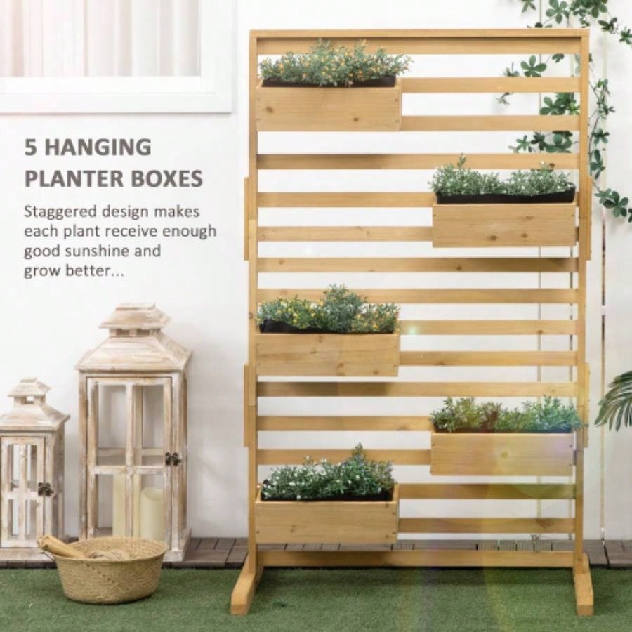 Outsunny Wooden Plant Trellis Stand with 5 Hanging Planter Boxes, Freestanding Outdoor Plant Stand Patio, Garden, Balcony, Porch