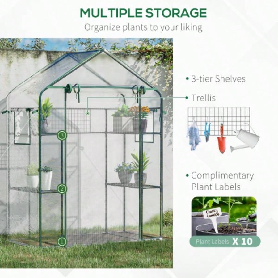 Outsunny Outdoor Walk - in Greenhouse with Mesh Door, Small Portable Garden Green House with 3 Tiers 6 Shelves, Trellis, Plant Labels