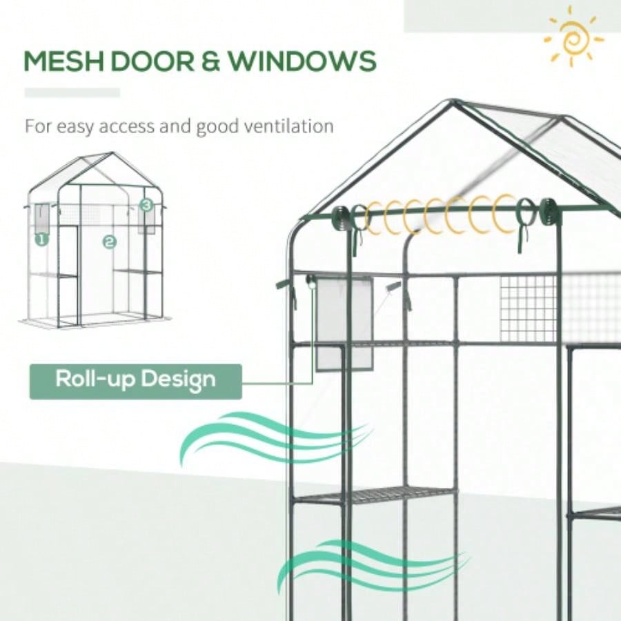 Outsunny Outdoor Walk - in Greenhouse with Mesh Door, Small Portable Garden Green House with 3 Tiers 6 Shelves, Trellis, Plant Labels