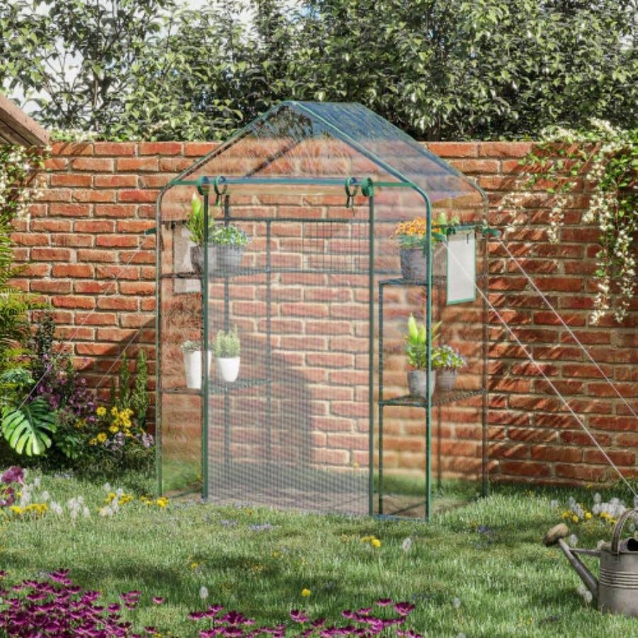 Outsunny Outdoor Walk - in Greenhouse with Mesh Door, Small Portable Garden Green House with 3 Tiers 6 Shelves, Trellis, Plant Labels
