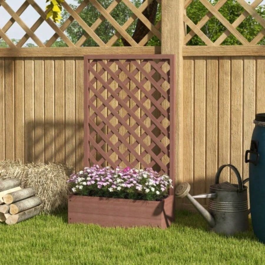 Outsunny Raised Garden Bed with Trellis Lattice, Wood Planter Box with Self Draining, Freestanding Trellis Planter Climbing Plants, Vines, Flowers, 29.5x 13.25x 53.25 Light Brown