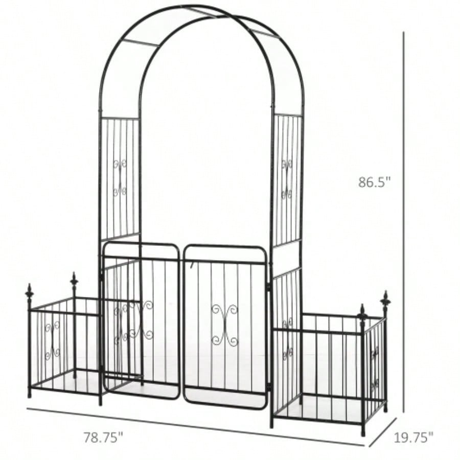 Outsunny 86 Garden Arbor Arch Gate with Trellis Sides Climbing Plants, Wedding Ceremony Decorations, Grape Vines with Locking Doors, Planter Baskets, Flourishes Tips, Black