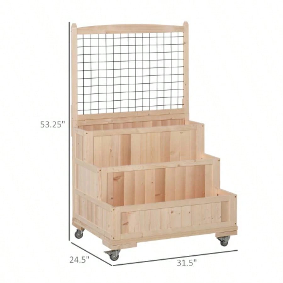 Outsunny 3 - Tiers Raised Garden Bed with Trellis, 53 H Vertical Planter Box with Wheels Back Storage Area, Flowers, Vegetables, Herbs, Natural