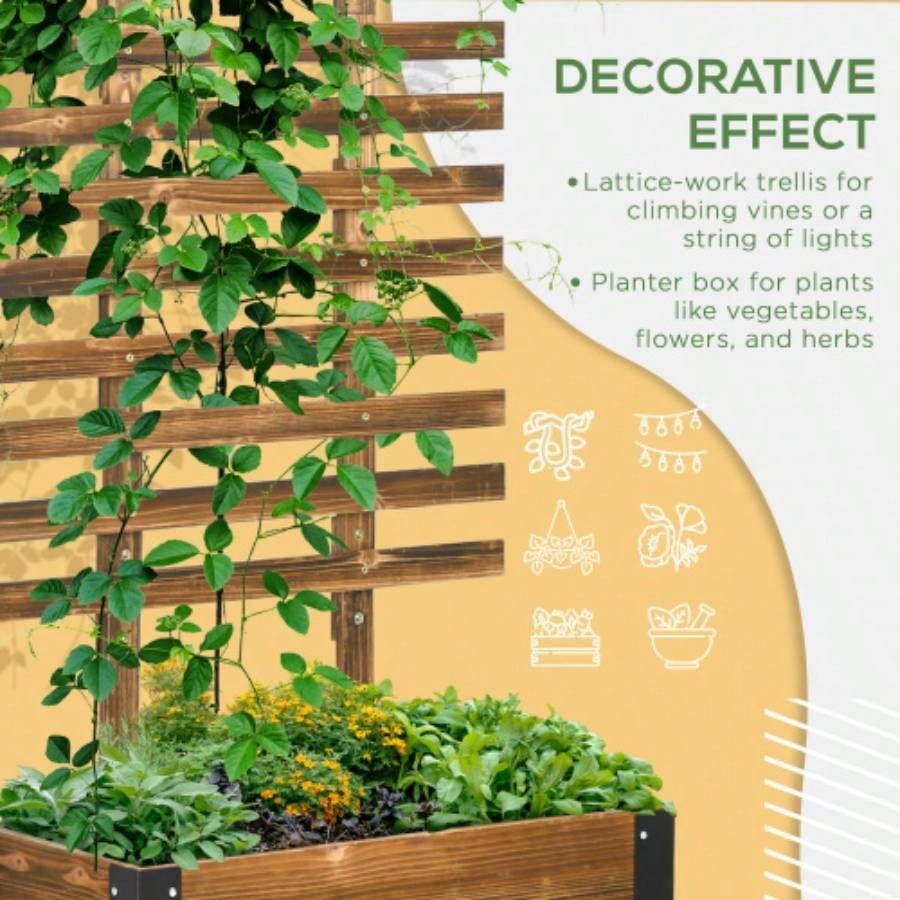 Outsunny Raised Garden Bed with Trellis, 58 Outdoor Wooden Planter Box with Wheels, Vine Plants Flowers Climbing and Planting, Brown