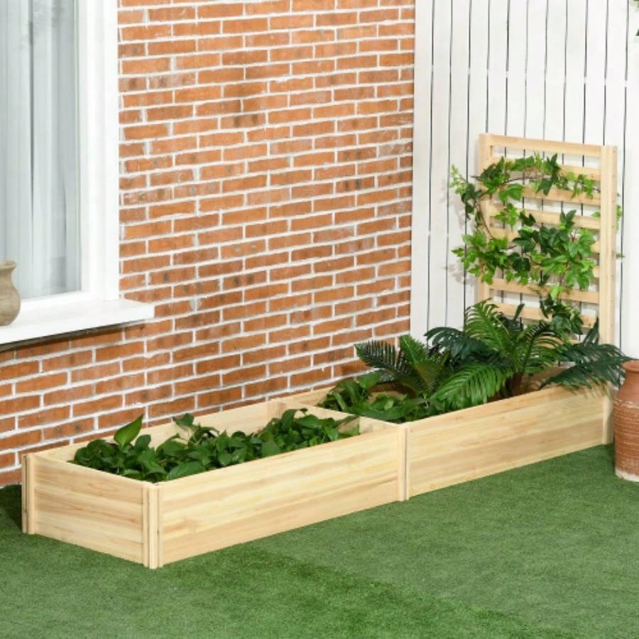 Outsunny Raised Garden Bed with Trellis and 2 Compartments, 43 Inch Wooden Planter Box Kit Outdoor Plants, Vegetables, Flowers, Herbs Climbing, Easy Assembly, Natural Tone