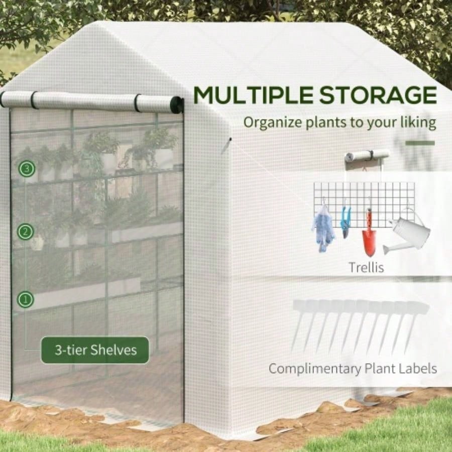 Outsunny 8x 6x Walk - in Greenhouse with Mesh Door and, 18 Shelf Green House with Trellis, Plant Labels, protective Growing Flowers, Herbs, Vegetables, Saplings, White