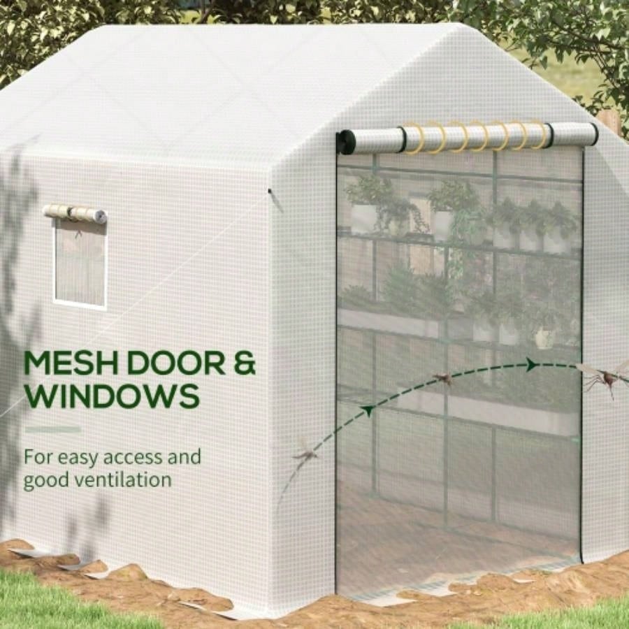 Outsunny 8x 6x Walk - in Greenhouse with Mesh Door and, 18 Shelf Green House with Trellis, Plant Labels, protective Growing Flowers, Herbs, Vegetables, Saplings, White
