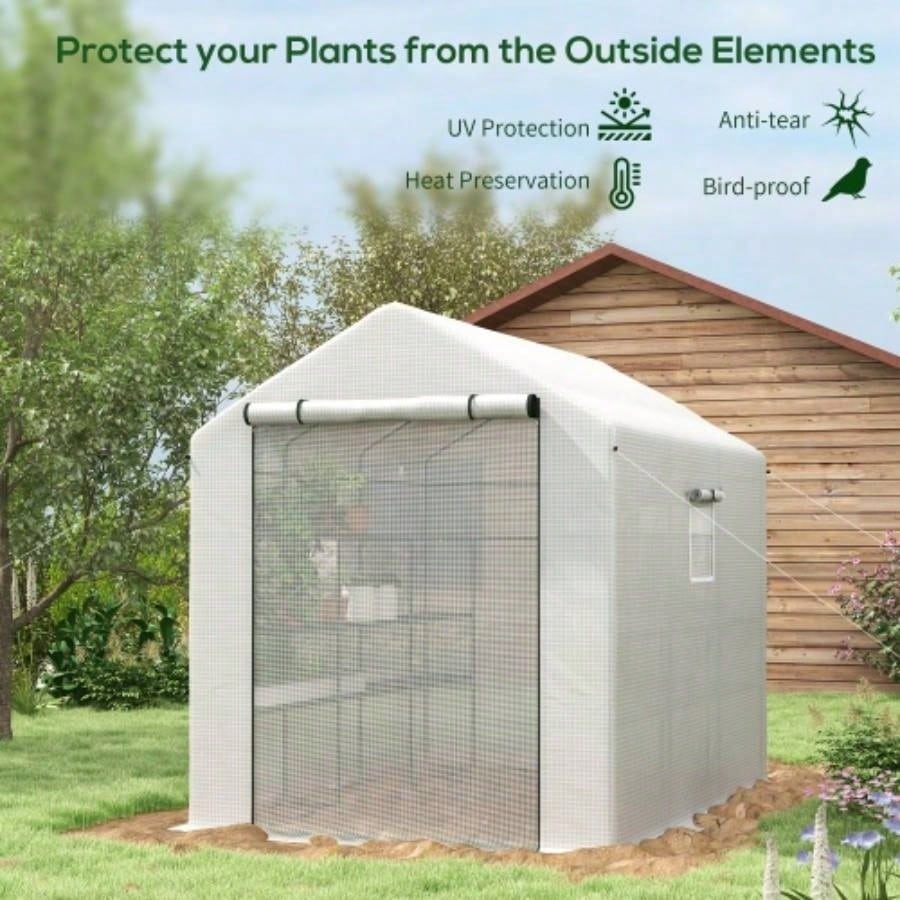 Outsunny 8x 6x Walk - in Greenhouse with Mesh Door and, 18 Shelf Green House with Trellis, Plant Labels, protective Growing Flowers, Herbs, Vegetables, Saplings, White