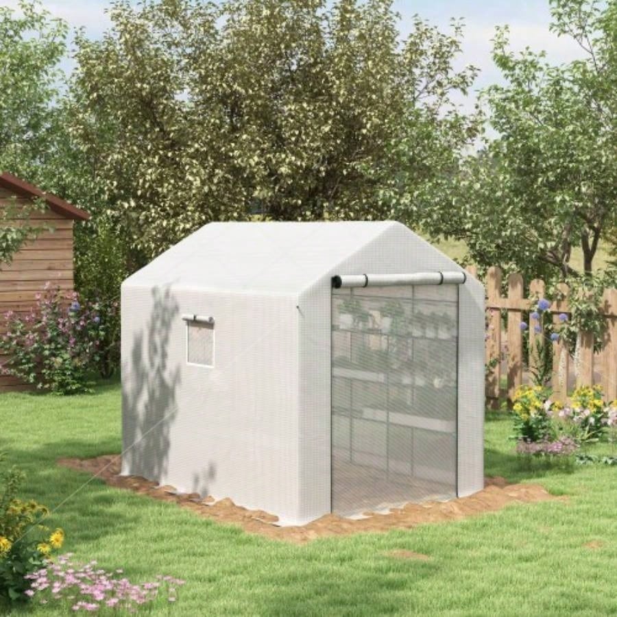 Outsunny 8x 6x Walk - in Greenhouse with Mesh Door and, 18 Shelf Green House with Trellis, Plant Labels, protective Growing Flowers, Herbs, Vegetables, Saplings, White