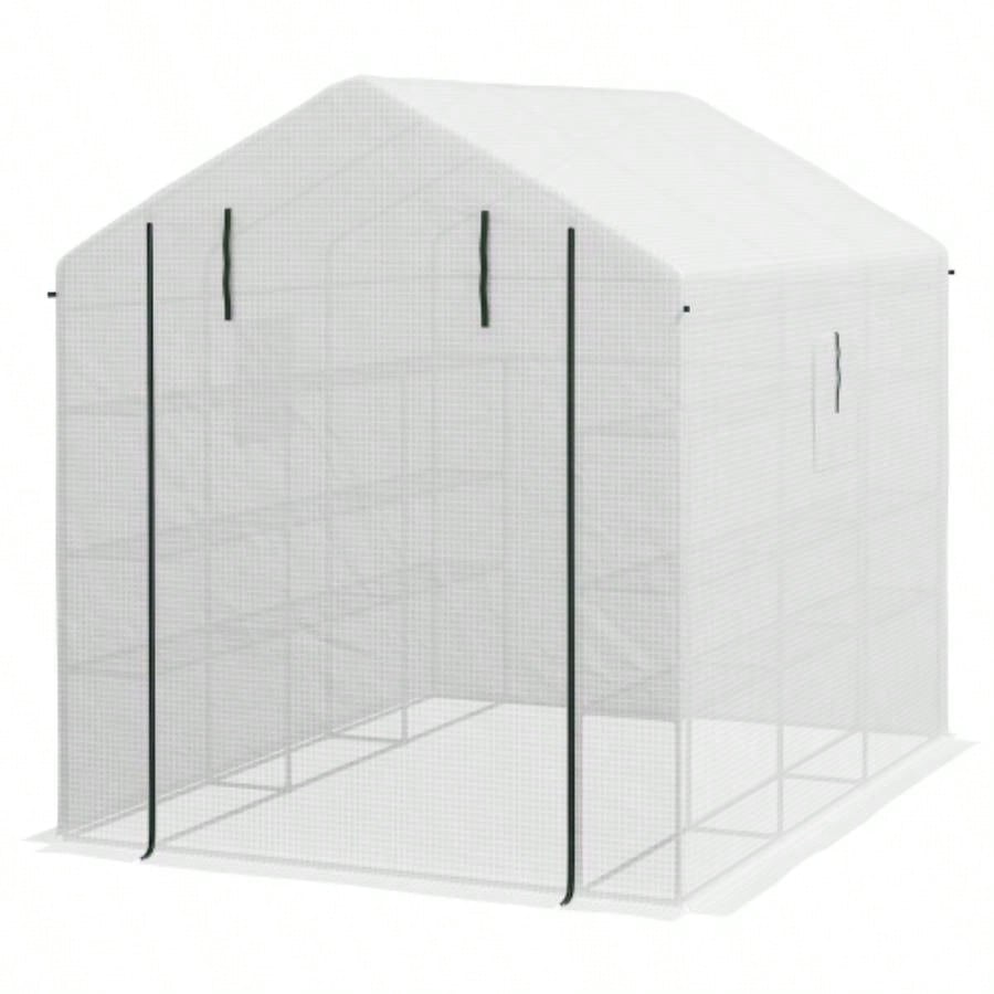 Outsunny 8x 6x Walk - in Greenhouse with Mesh Door and, 18 Shelf Green House with Trellis, Plant Labels, protective Growing Flowers, Herbs, Vegetables, Saplings, White