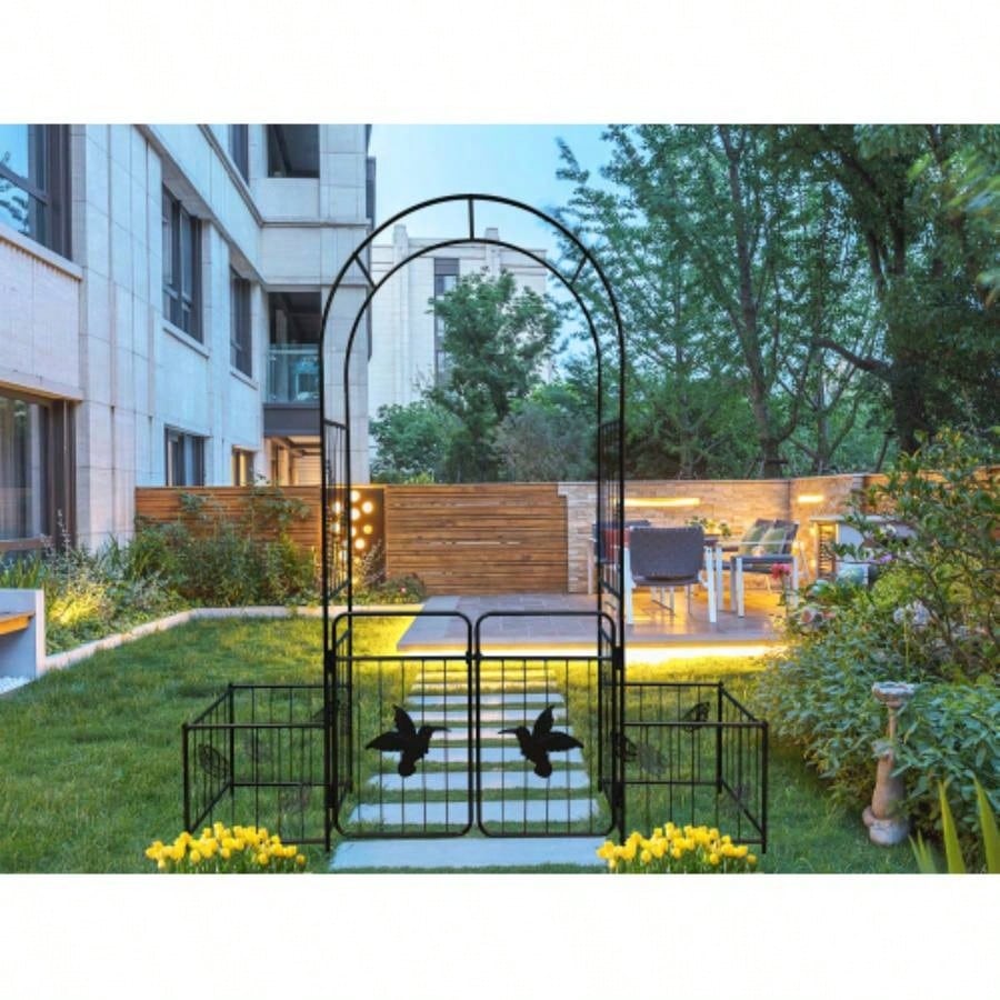 Metal Garden Arch with doors Garden Arbor Trellis Climbing Plants Support Arch Outdoor Arch Wedding Arch Party Events Archway Black