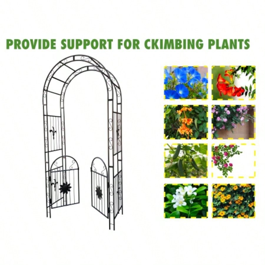 Metal Garden Arch with doors Garden Arbor Trellis Climbing Plants Support Arch Outdoor Arch Wedding Arch Party Events Archway Black