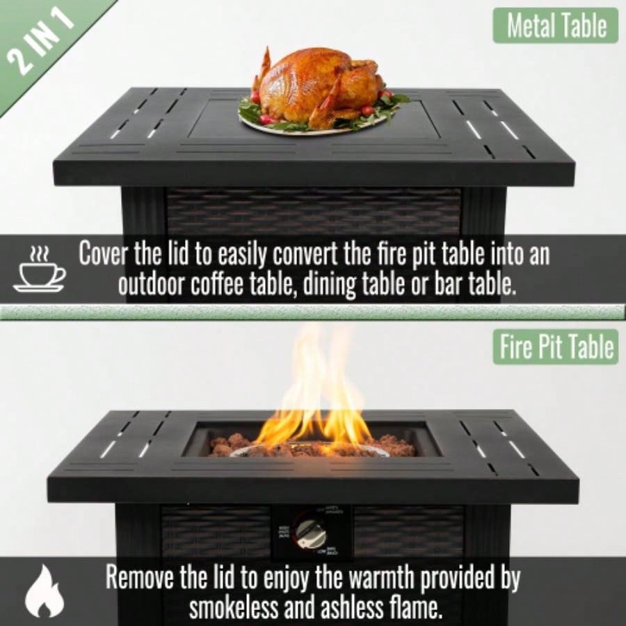 28 Propane Gas Fire Pit Table, 50000 BTU Square Steel Fire Pit Outside Patio Deck Garden Backyard - Black