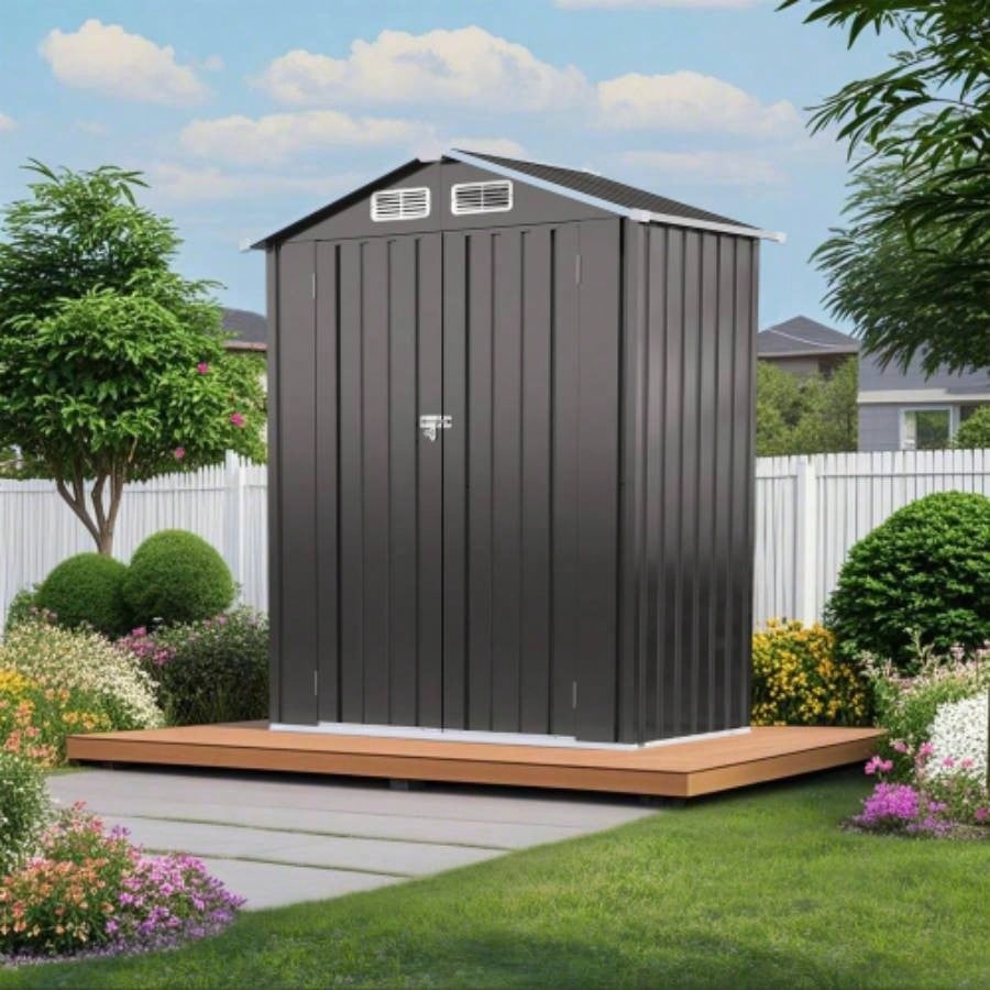 5X3 FT Metal Outdoor Storage Shed, Shed with Pitched Roof and Lockable Door Compact Metal Shed Garden, Backyard, Patio, Everyday Sundries and Bike Storage, Gray