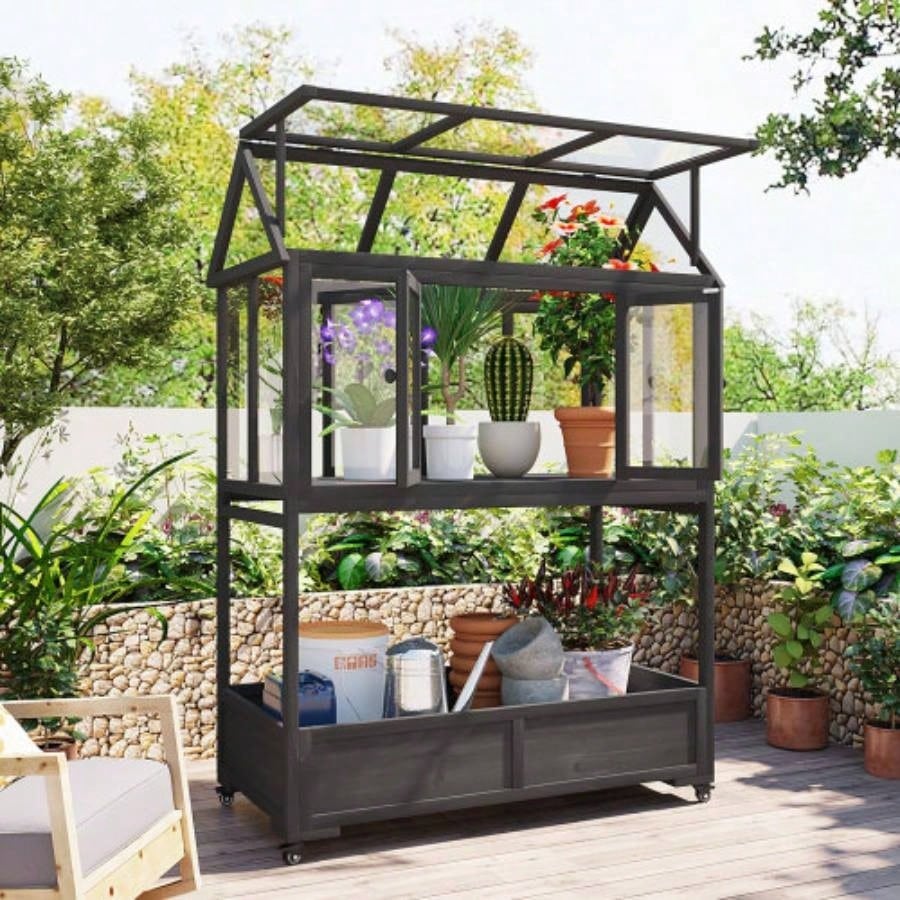 Assembly Video Available TOPMAX Garden Wood Portable Cold Frame with Movable Wheels Greenhouse with Openable Roof and Storage Box, Forest Green