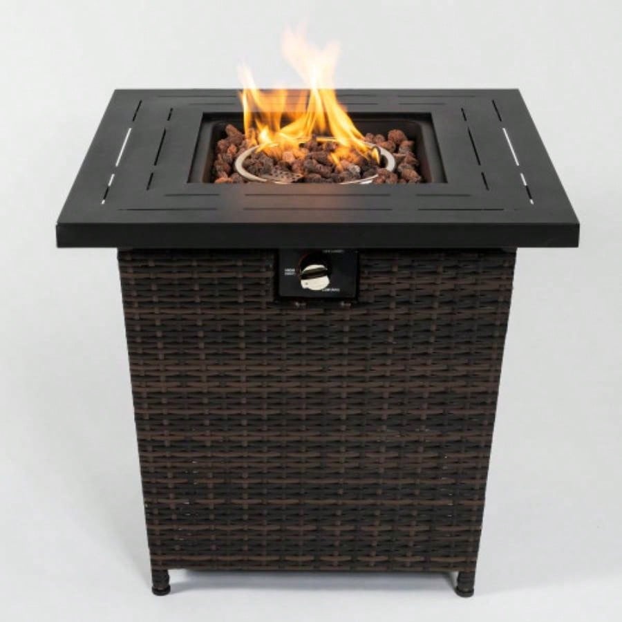 28 Propane Gas Fire Pit Table, 50000 BTU Square Steel Fire Pit with Beautiful Wicker Base Outside Patio Deck Garden Backyard - Black