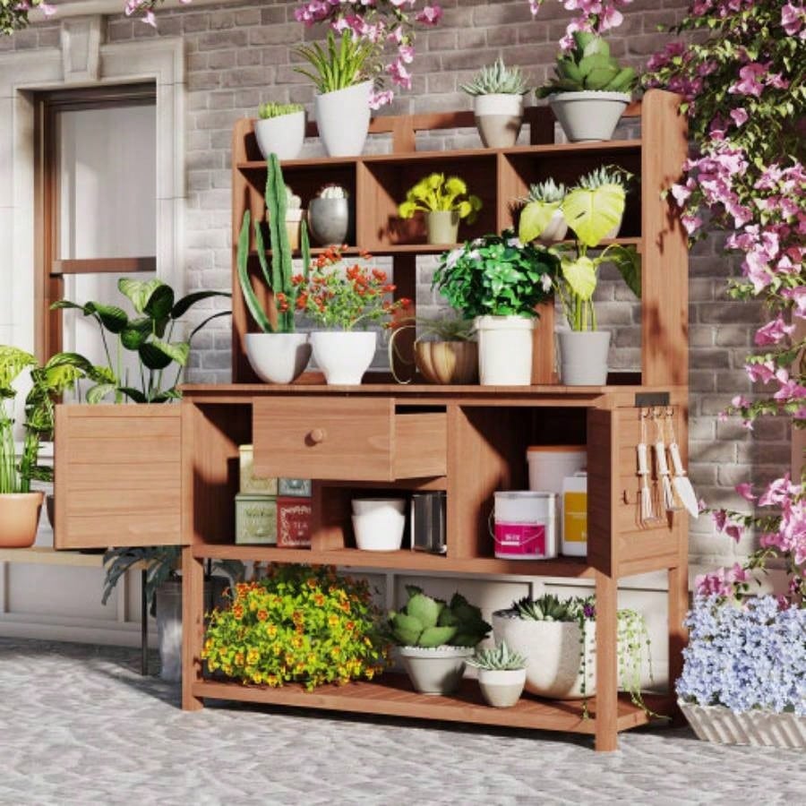 Assembly Video Available Topmax Solid Fir Wood Potting Garden Workstation with Hutch, Drawer Adjustable Shelves, 50.2x19.7x66.1 Inch Outdoor Garden Work Table Backyard Planting, White