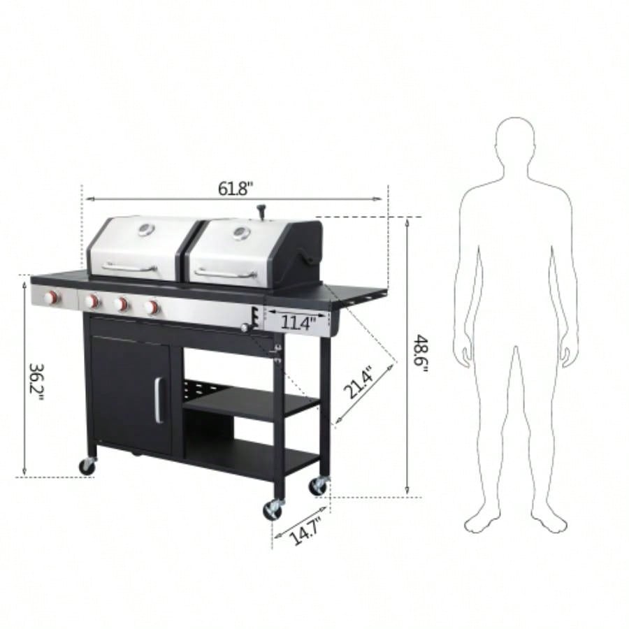 3 - Propane Gas BBQ Grill with Side, combined with charcoal grill, 37230BTU Output With Enameled Cast Iron Cooking Grids Outdoor Barbecue, Stainless Steel