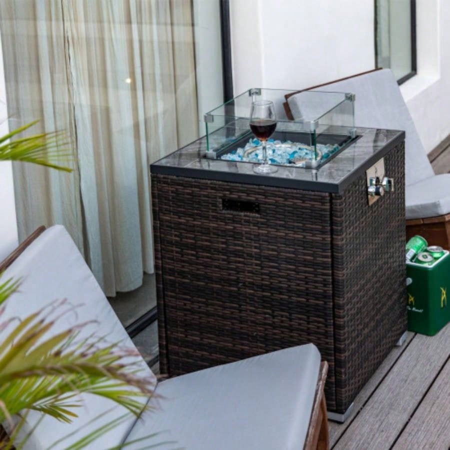 22 Propane Gas Fire Pit Table, 40000 BTU Square Steel Fire Pit with Beautiful Wicker Base Outside Patio Deck Garden Backyard - Black